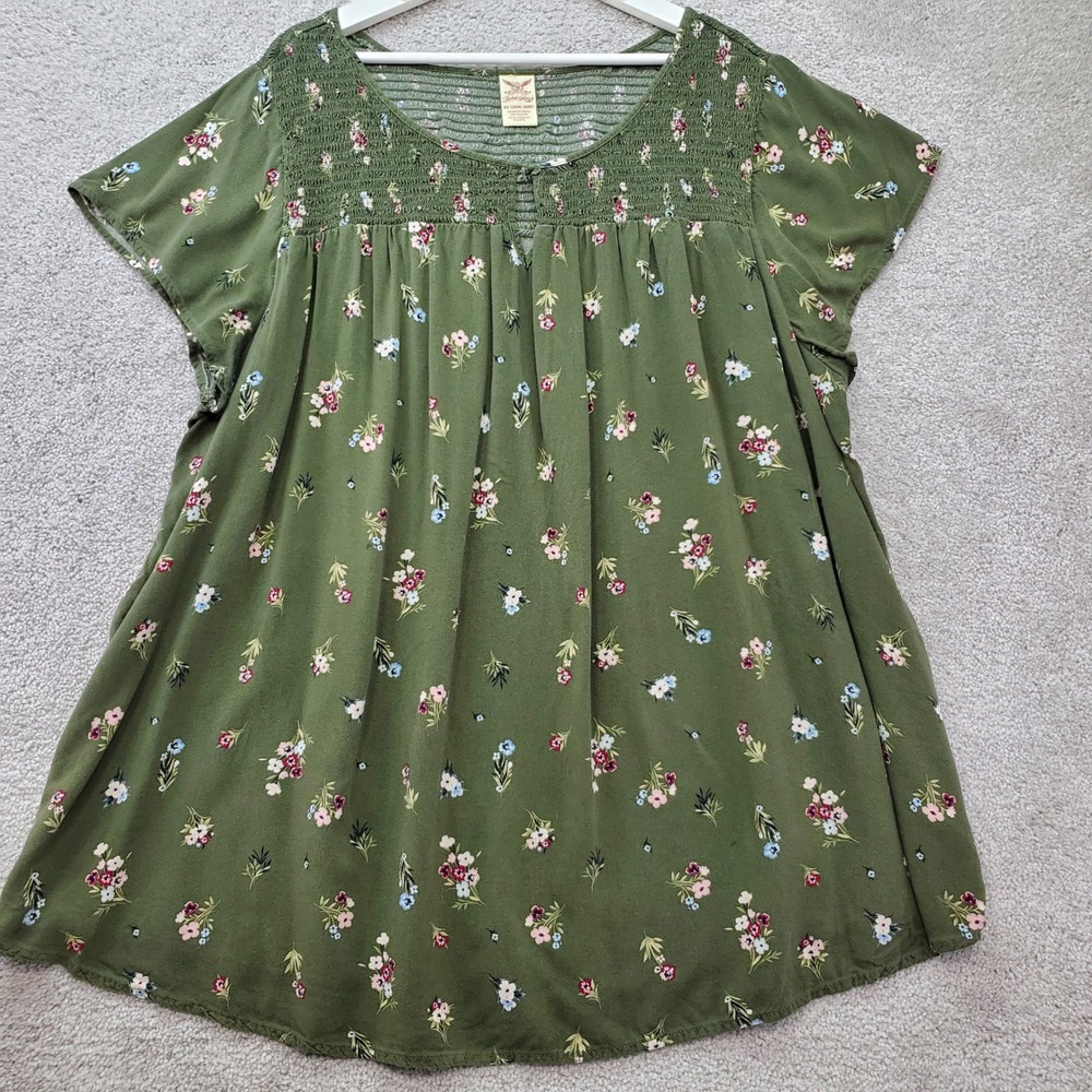 Faded Glory Olive Green Floral Smocked Short Sleeve Blouse